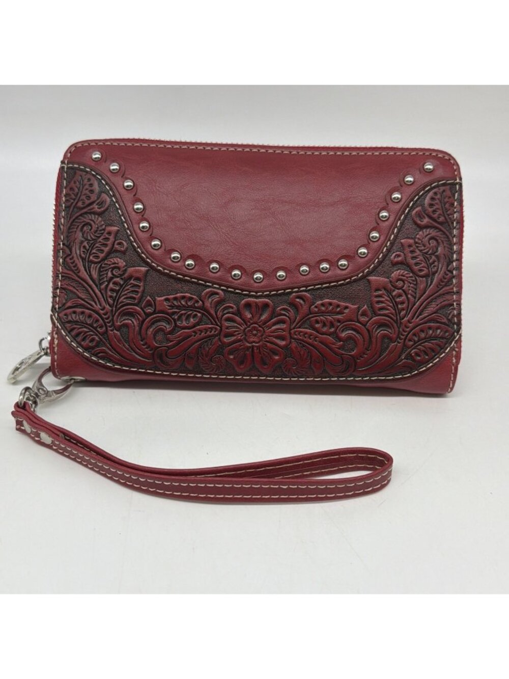 Montana West Tooled Wristlet Red Leather Floral Silver Studs Convertible NWOT